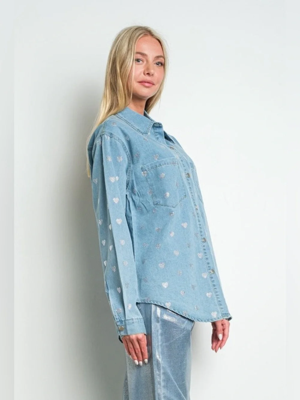 Kiwi Light Blue Denim Button-Down Shirt with Silver Heart Print